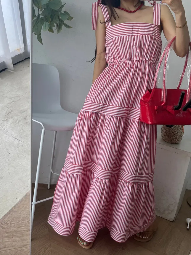 Striped Summer Dr Women's Loose Beach Vaion Fairy Skirt Waist Cinched A-Line Dr Commute Sle Regular Fit Medium Sof...