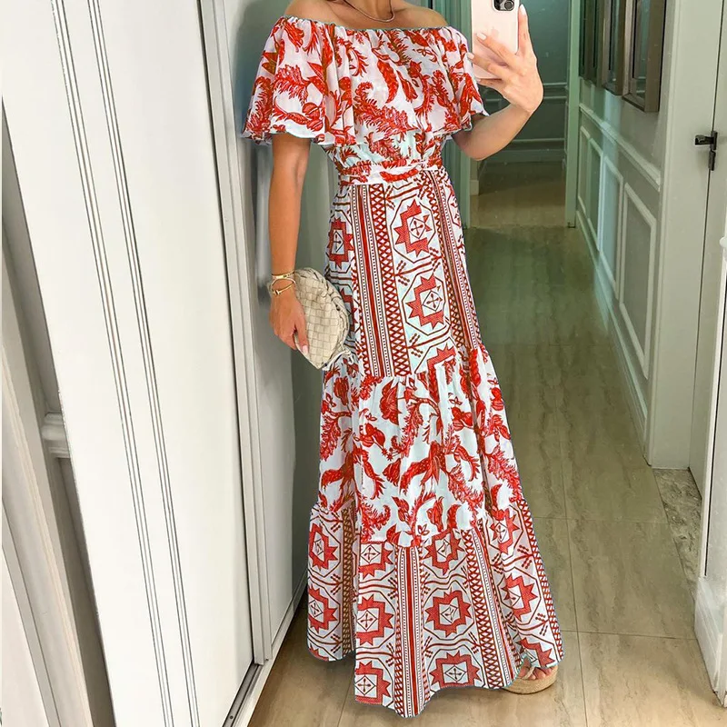 Vestido Boho Estampado de Cintura Alta y Hombros Descubiertos, Elegante y Chic, Estilo Clean Girl, Ropa de Mujer, Novedad de Verano, Greenora Fashion
