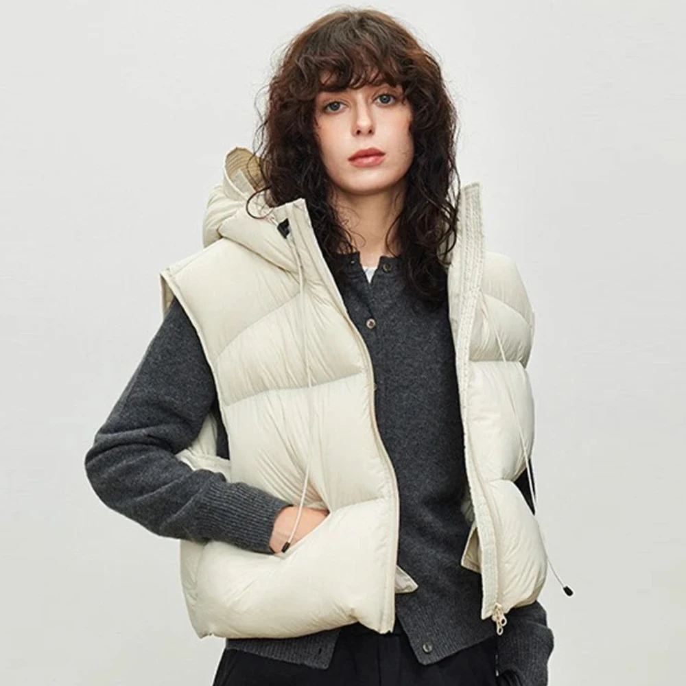 

Light White Duck Down Jacket 2025 Fashion Autumn Winter Hooded Vest Loose Fit Ultra Soft Puff Puffer Sleeveless Waistcoat Women