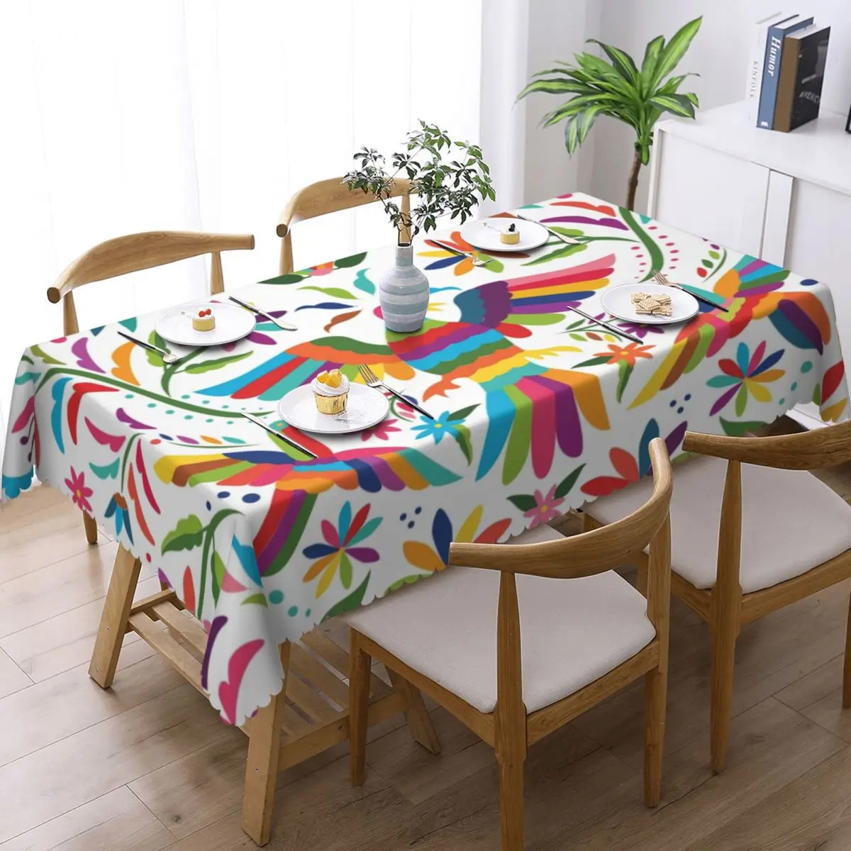 Custom Colorful Mexican Otomi Tablecloth Rectangular Waterproof Animal Folk Texture Table Cloth Cover for Banquet