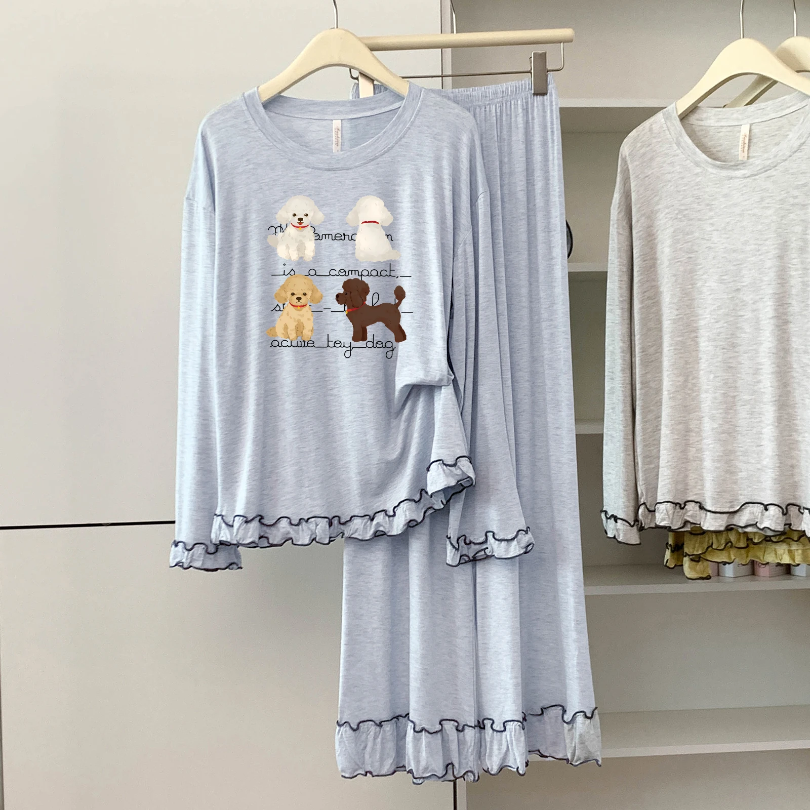 

5174-03 Modal Cotton Round Neck Long-Sleeved Long Pants Pajamas for Women Spring and Autumn Thin Loose Soft Comfortable Home Wear