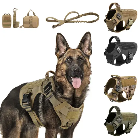 Dog Harness for Large Dogs Leash Collar Molle Pouch Military Harnesses French Bulldog Pet Tactical Training Vest Dog Accessories