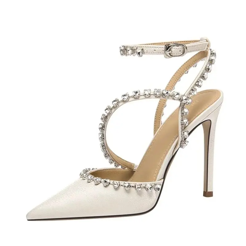 Spring and summer silk pointed rhinestone low-heeled wedding shoes thin high-heeled dress large size small size women's sandals