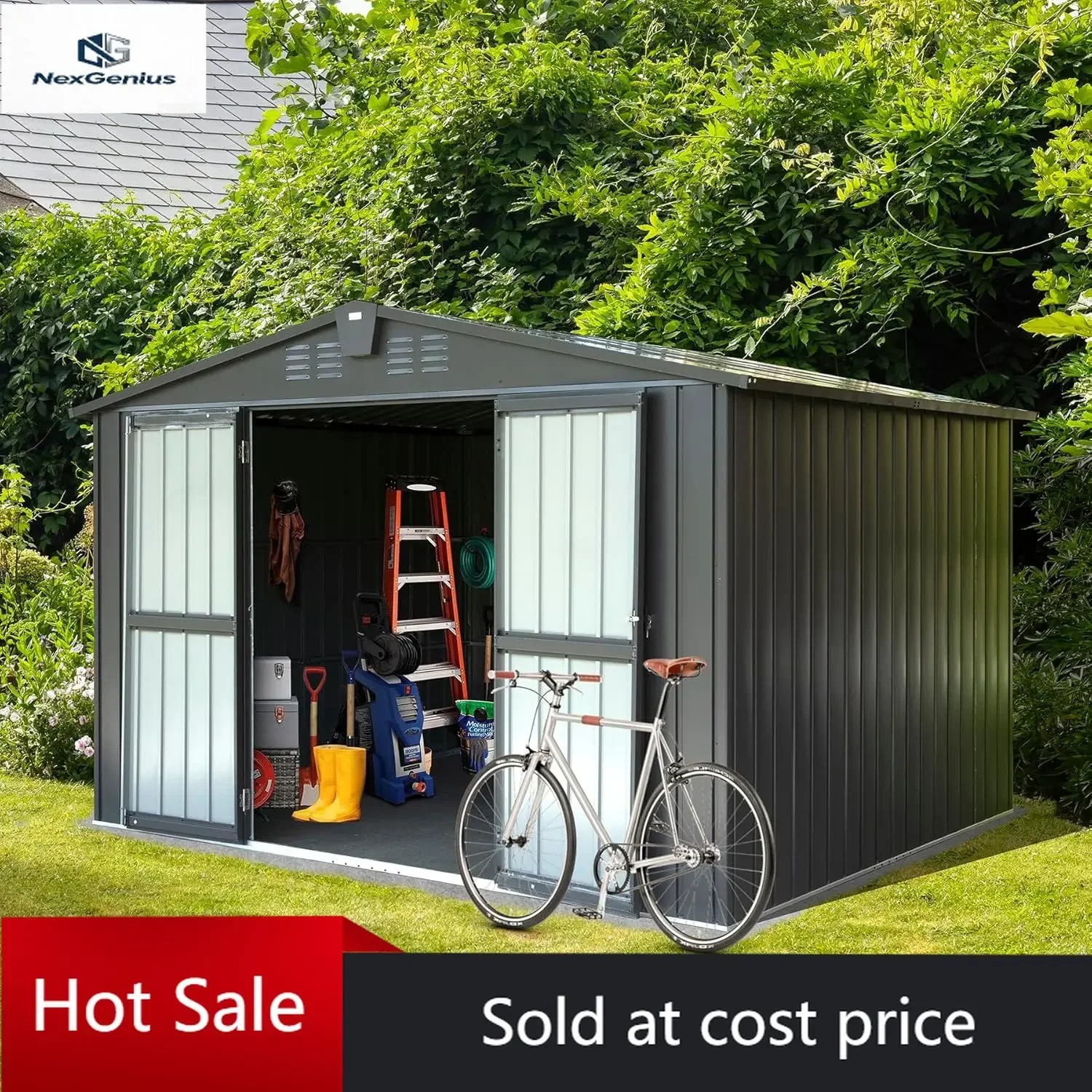 

Domi Outdoor Storage Shed 10'x8', Metal Sheds Outdoor Storage with Lockable Doors & Air Vents for Patio Garden Lawn Backyard,Gra