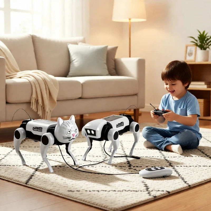 Qihang RC Mechanical Dog Assembly Toy Walking Robot Dog Cat DIY Educational Experiment Toy for Boys Girls Popular Gift
