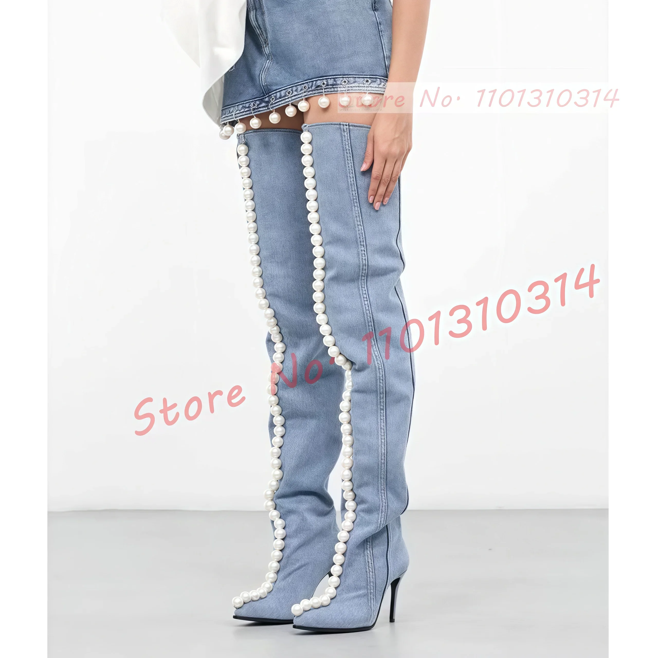 

Джинсовые сапоги до бедра с жемчужной цепочкой, женские элегантные туфли с острым носком, лоскутные туфли на высоком каблуке, женские новые длинные сапоги в дизайне