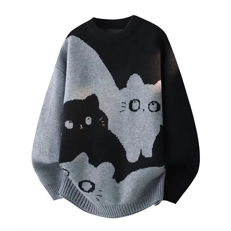 Cat Patchwork Knit Sweater Women Loose Casual Unisex Lazy Pullover Korean Street Long Sleeve Spring Fall Thick Warm O Neck Top