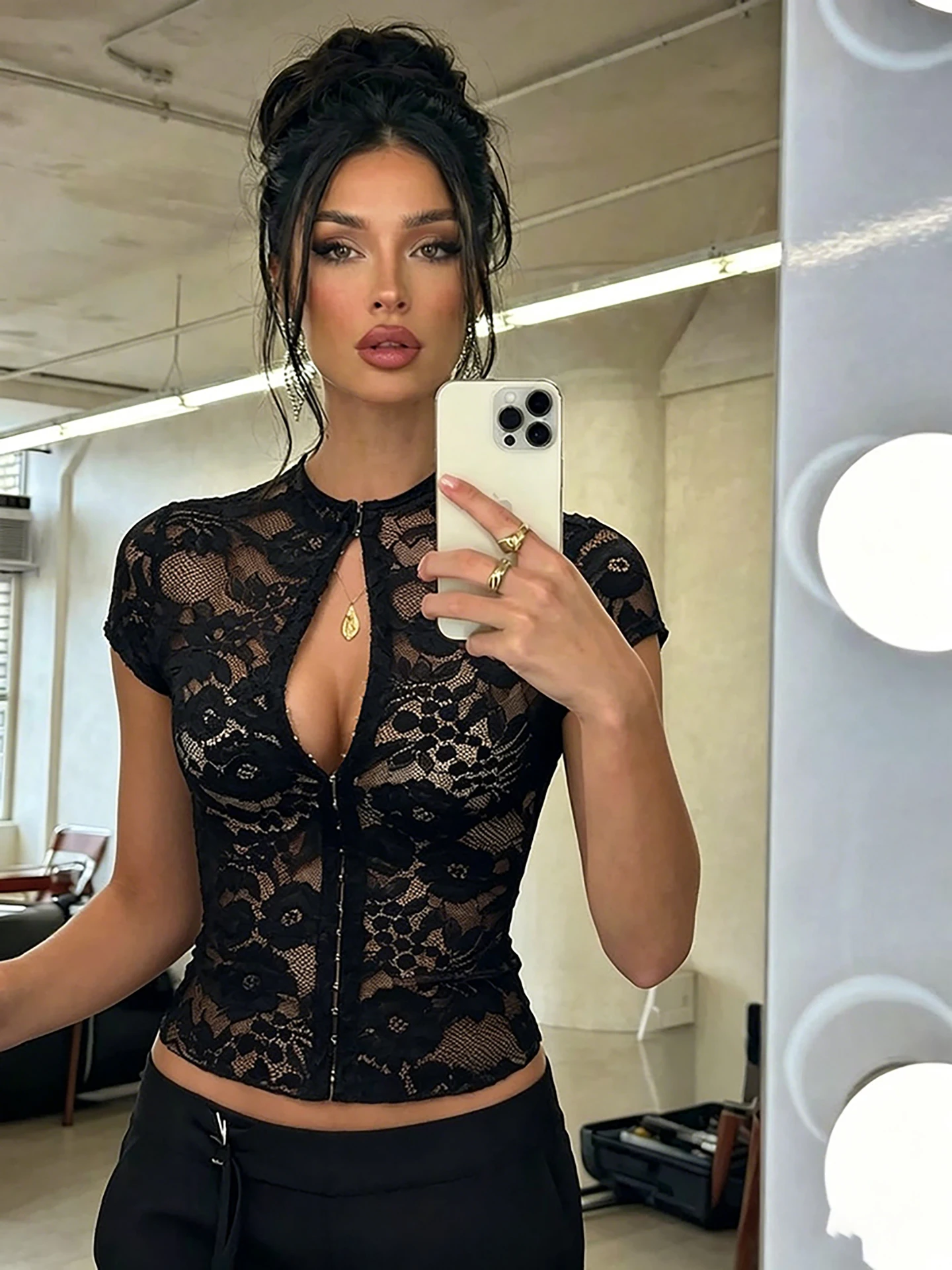 Sisterlinda Jacquard T-Shirt Women Sexy Metal single-breasted See Through Turtleneck Short Sleeve Chic Trend Street Clubwear