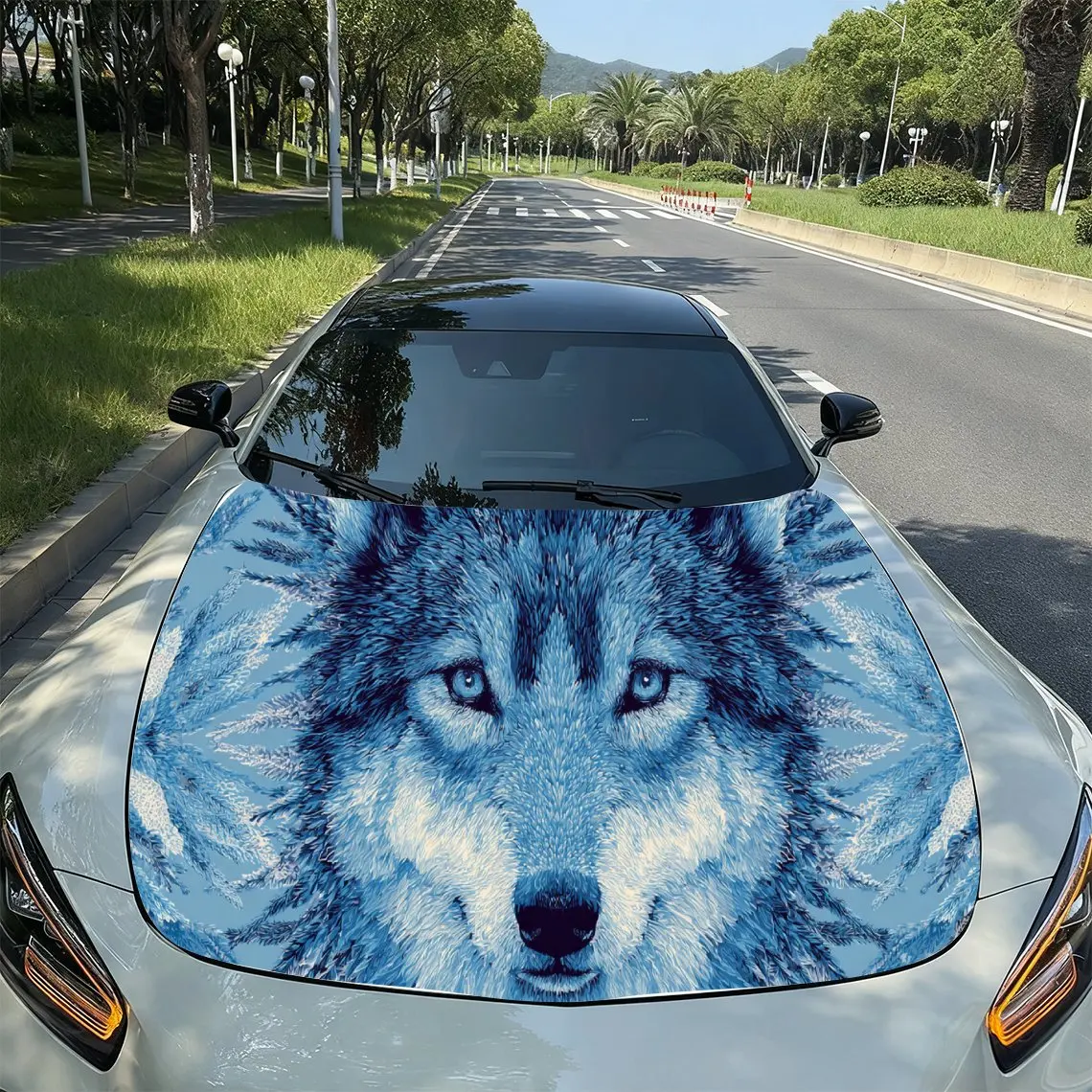 

Blues Wolf Cold Tone PVC Car Hood Wraps, Self-Adhesive Waterproof Car Bonnet Decal Sticker, Car Decoration Protection Stickers f