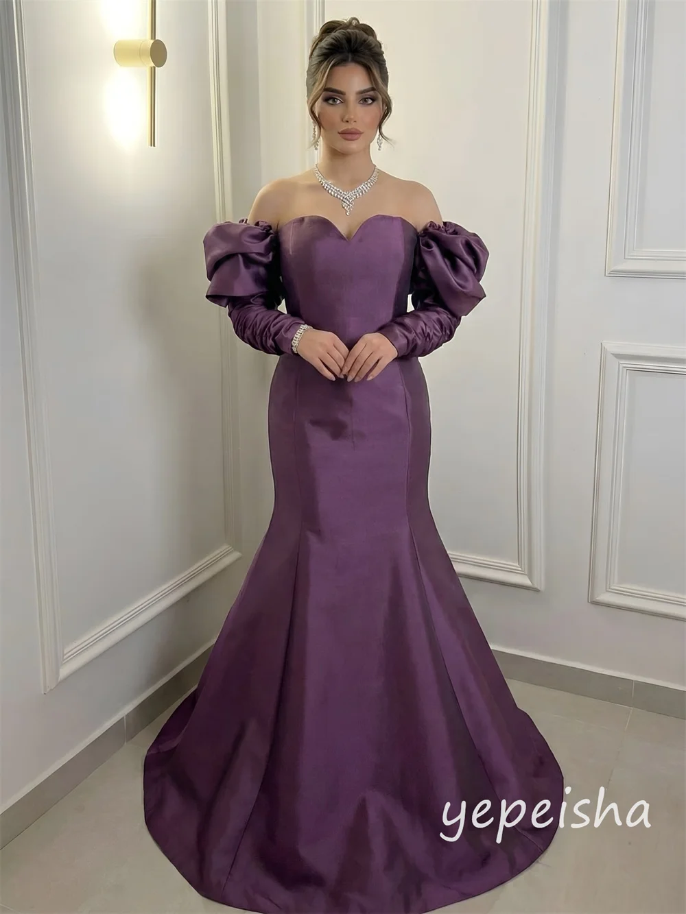 Personalizado roxo modesto requintado plissado puff manga sereia fora do ombro vestidos longos para mulher vestidos de noite pastrol