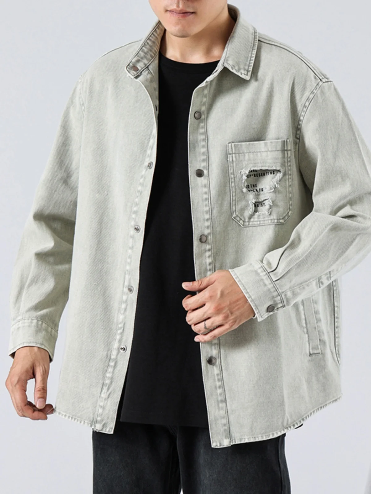 

Ripped Patchwork Denim irt Men's Long Sve Spring Autumn Trendy Loose Casual Haome Workwear irt Jaet Top