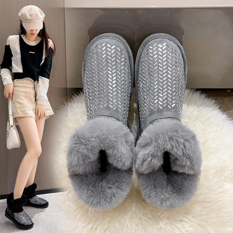 Chaussures à plateforme haute en fourrure de vison véritable pour femmes, chaussures chaudes à enfiler, cuir cousu à la main, cristal de luxe, grande taille, hiver, 2024