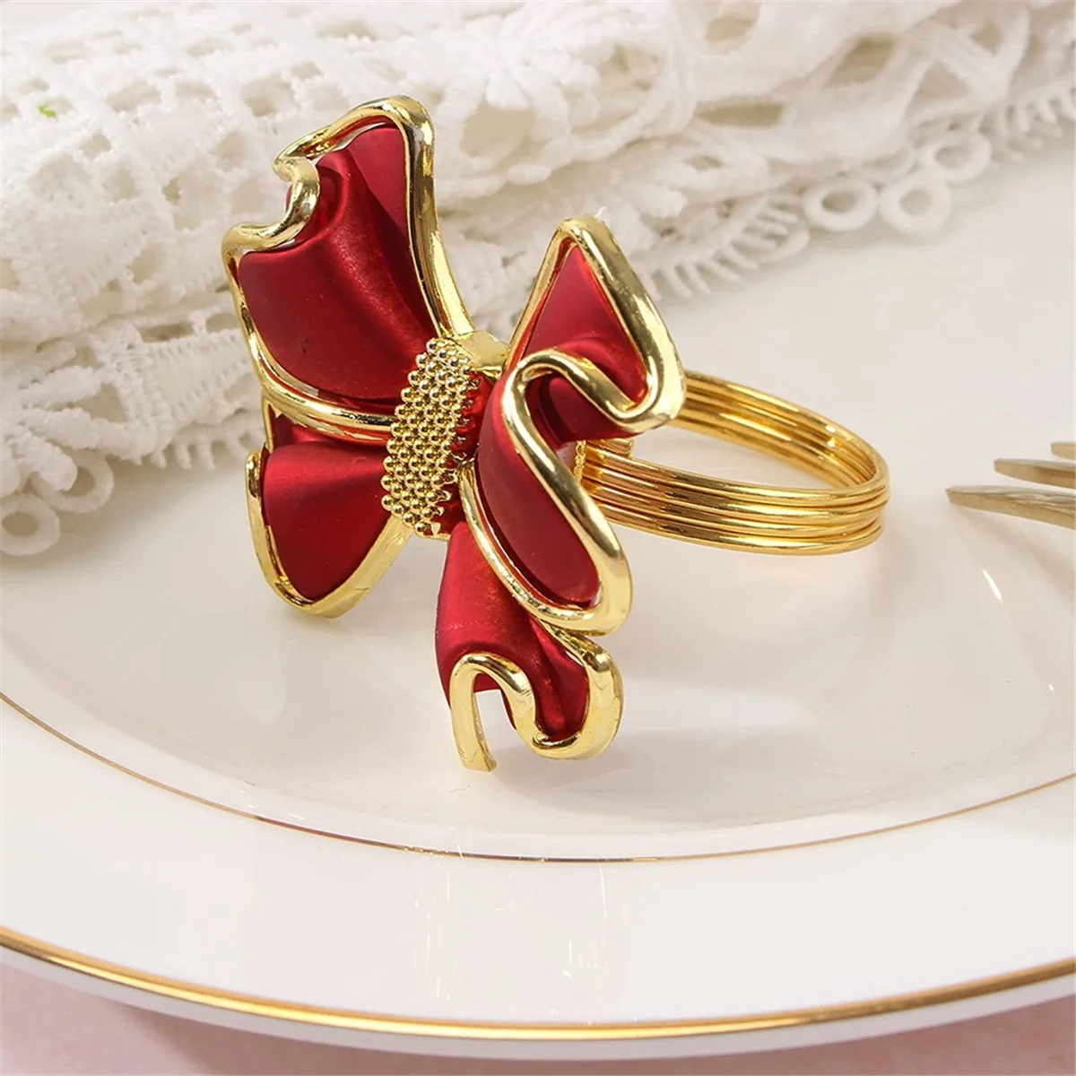

Discount 6 Pieces Red Bowknot Napkin Rings, Butterfly Knot Napkin Ring Holders Handmade Metal Napkin Buckle