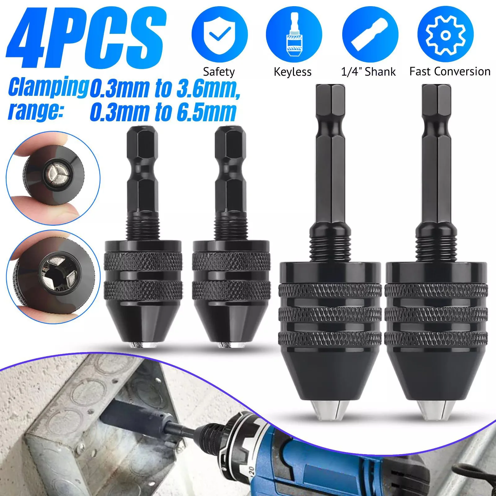 4Pcs/Set Keyless Drill Chuck 1/4-inch Hex Shank Small Drill Chuck Change Adapter Bit Quick Change Converter Driver 0.3mm-6.5mm