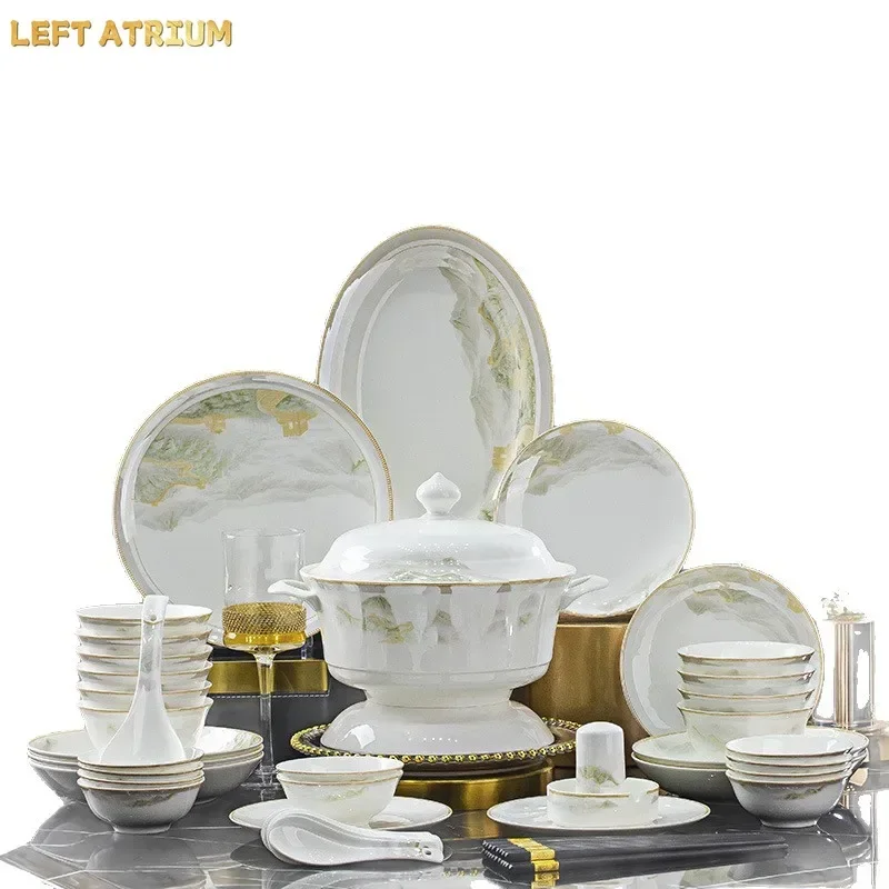 Tableware Set River And Mountain Scenery 18/38/56/60pcs Ceramics Dish Sets Full Set Luxury China Dinnerware Set For 4/10 Persons