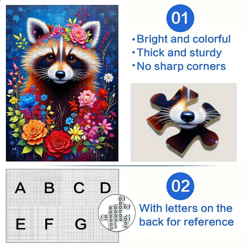 1000ピースの魅力的なアライグマと花柄のジグソーパズル - 大人向けの大きな鮮やかな紙製パズル、DIYの頭脳を刺激する家族ゲーム、S