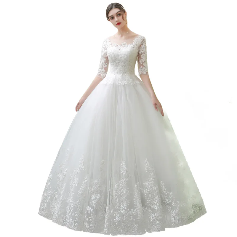 Exquisite Lace Embroidered Wedding Gown Traditional Bridal Dresses White Simple Boat Neck Wedding Dress