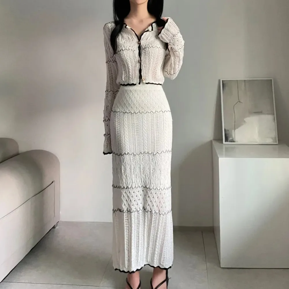 Spring 2026 Knitted Top And Skirt Two-Piece Set Versatile Elegant Fashionable Complete Set Polyester Fiber Women's Open Cardigan