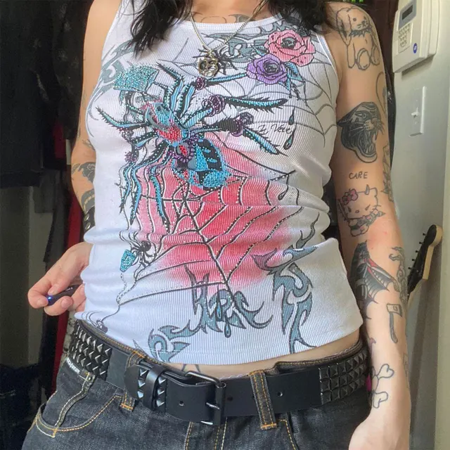 2000s Skull Wing Print Tank Tops Cyber Grunge Y2K Graphic