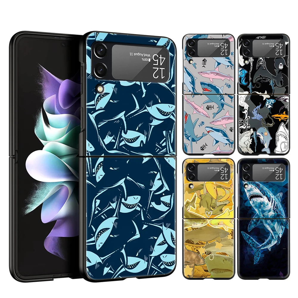 Hard PC Phone Case For Samsung Galaxy Z Flip 7 6 5 4 Black Cover For Galaxy Z Flip 3 Foldable Shockproof Seaside Sharks Pattern
