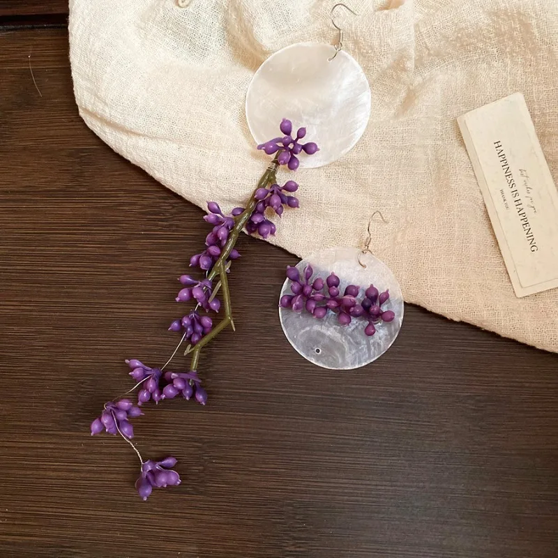 Minar 2025 New Purple ABS Resin Chinese Redbud Flower Round Shell Long Tassel Asymmetric Drop Earrings for Women Holiday Jewelry