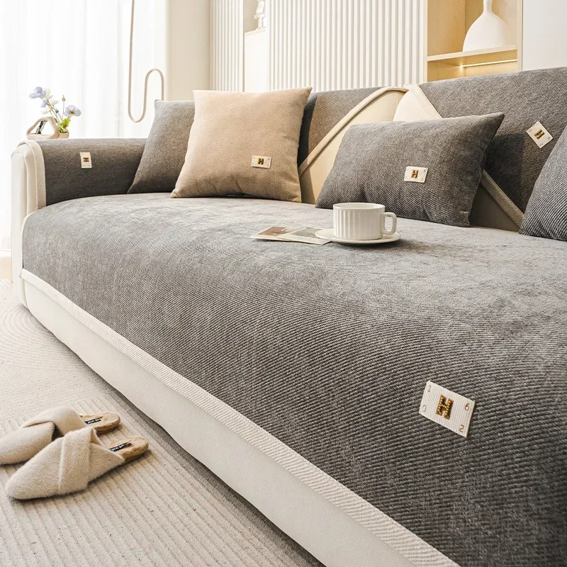 Chenille Sofa Cover Embroidered Letters Label Sofa Cushion Four Season Universal Couch Cover Furniture Solid Color Sofa Cushion