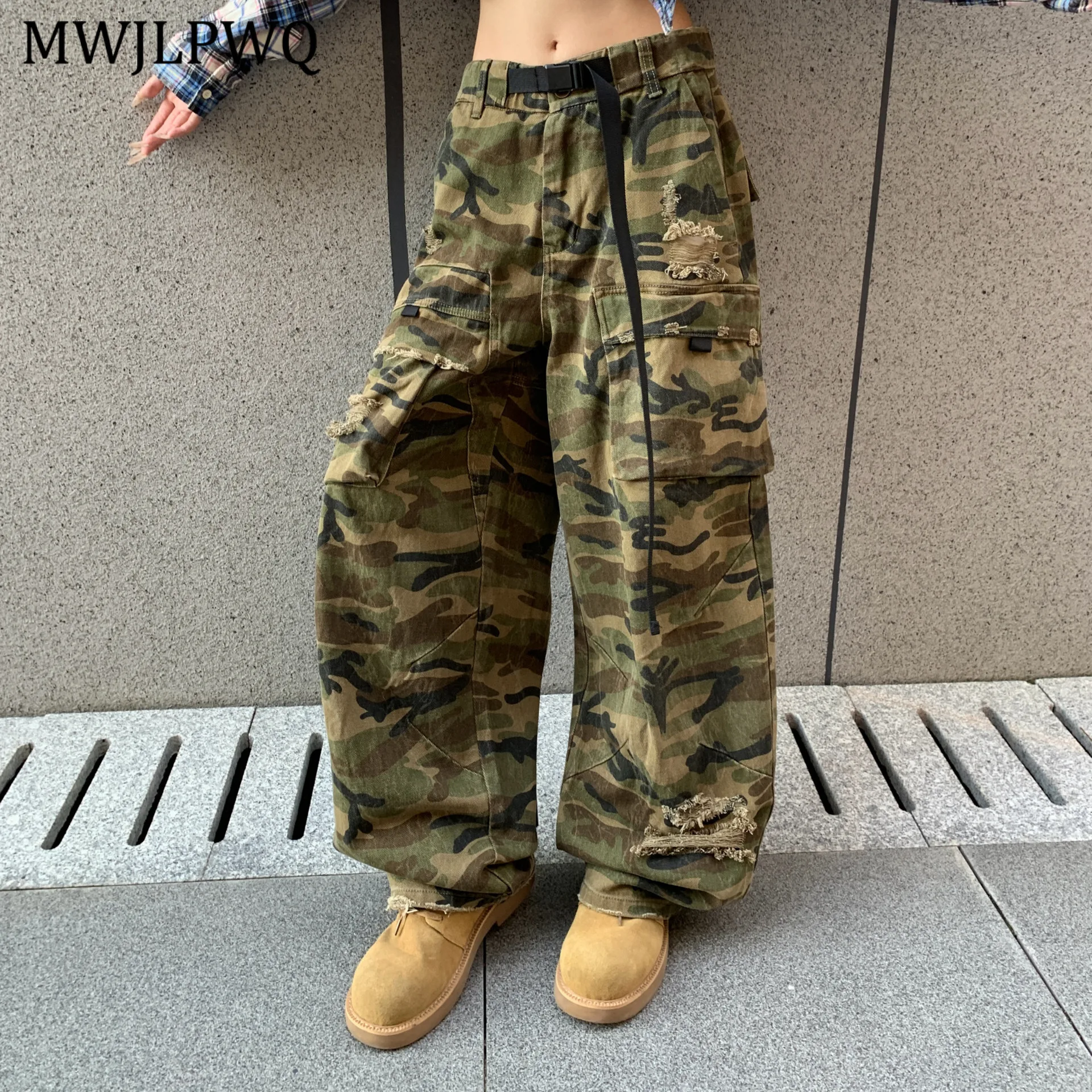 

MWJLPWQ уличные широкие джинсы в американском стиле, мужские камуфляжные эластичные брюки-карго унисекс с высокой талией, свободные брюки-карго 2021, осень-зима 11420
