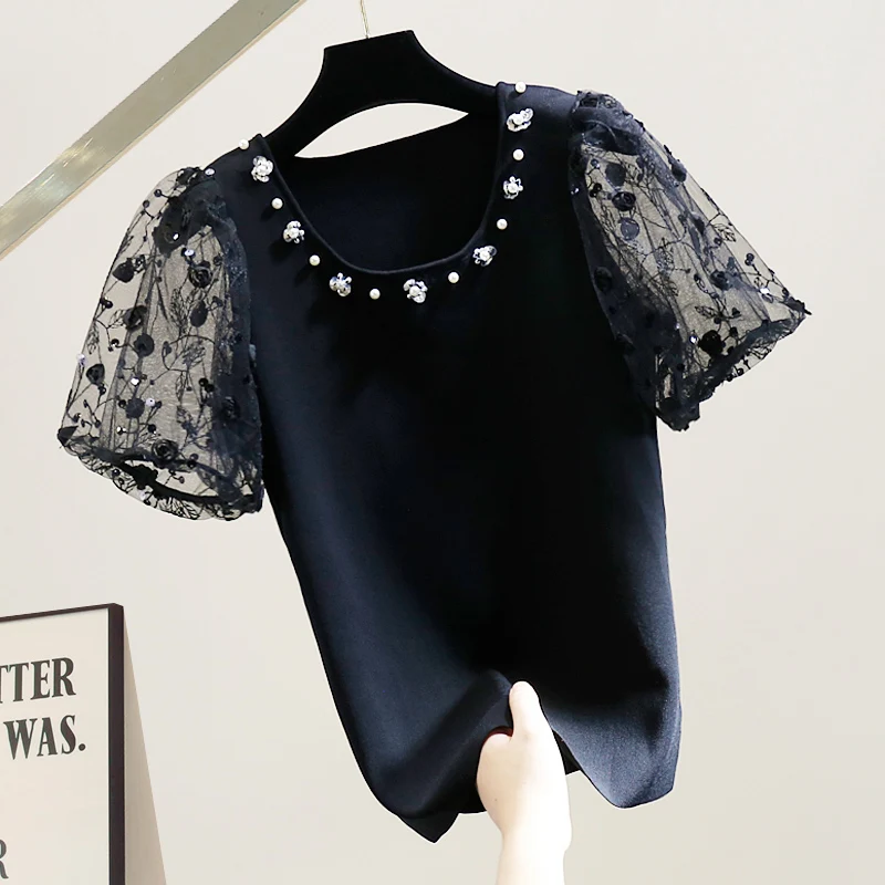 

Heavyweight Handmade Sequin Sweet Embroidery Me Bubble Sve Patchwork ort Sve Knitted irt Slim Fit Top Korean Sle