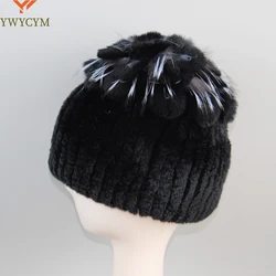 Natuurlijke Bont Hoeden Voor Vrouwen Winter Real Rex Konijn Hoed Vossenbont Breien Vrouwelijke Warme Sneeuw Caps Dames Elegante Prinses Mutsen Cap