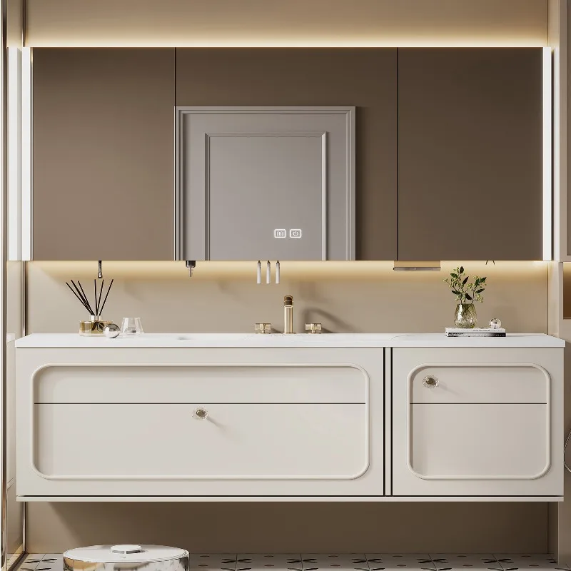 French Classic Smart Mirror Bathroom Vanity Single/Double Sink Solid Wood Wall-Mounted Vanity Big Drawers For Hotel Villa Use