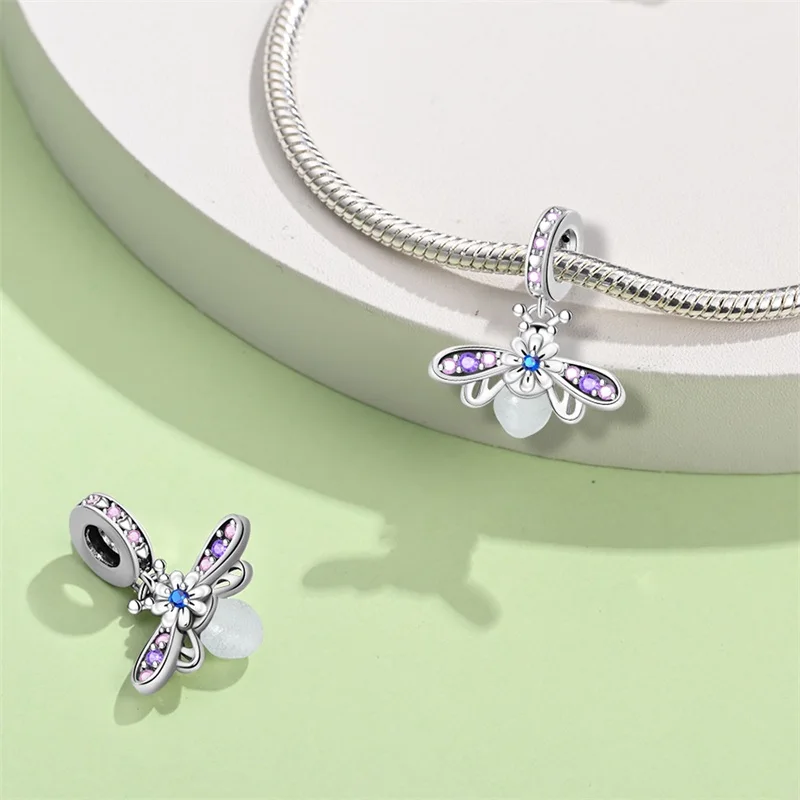 

925 Sterling Silver Purple Firefly Charms Pendant Fit 3mm Original Bracelet DIY Women Exquisite Birthday Party Jewelry Gifts