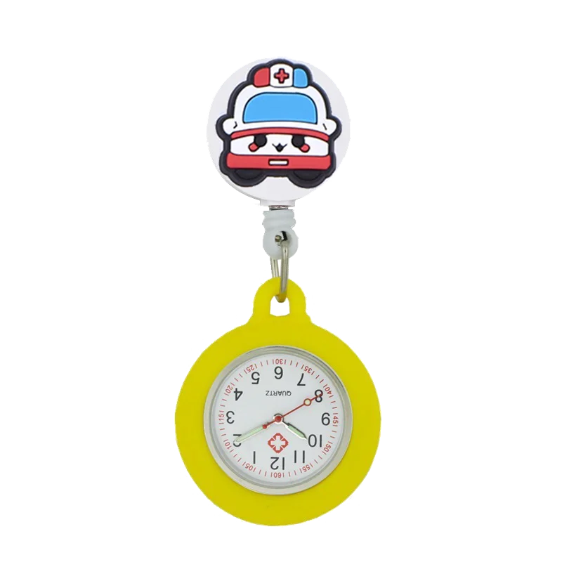 YiJia Lovely Pocket Watch for Nurse Cartoon Ambulance Retractable Badge Reel Medical Reloj with Silicone Case