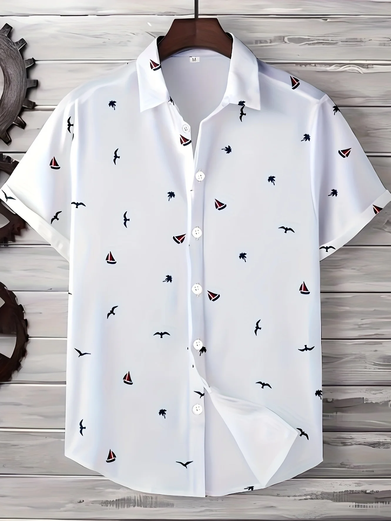 Men White Small Sailor Seagull Coconut Tree Print Casual Beach Short Sleeve Shirt