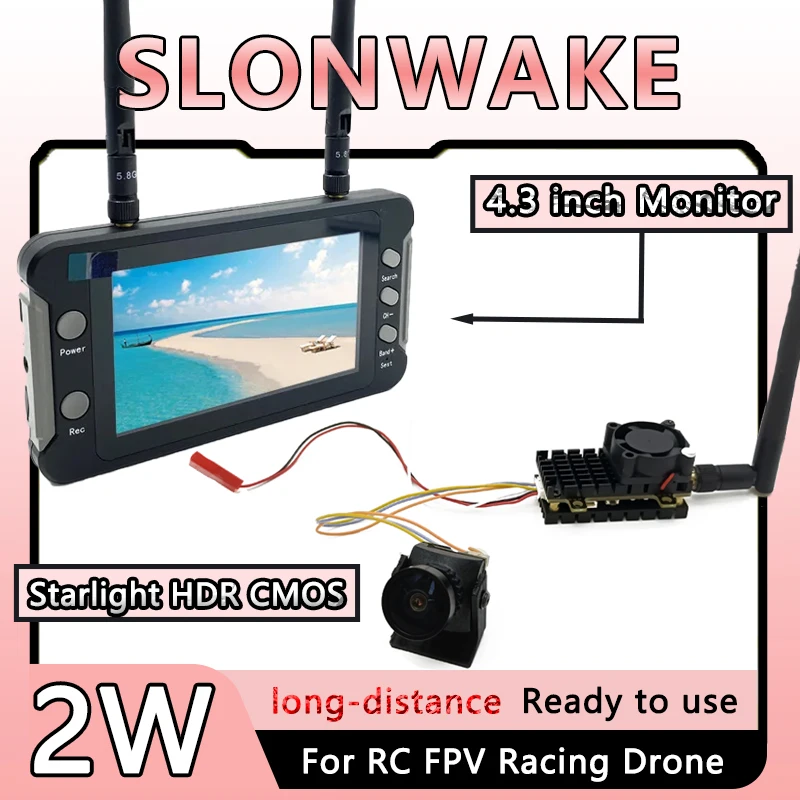 5.8G 48CH 2W zender 2000mW VTX VTX met 1800tvl Starlight HDR camera en 4,3 inch LCD-scherm FPV DVR monitor video opnemen