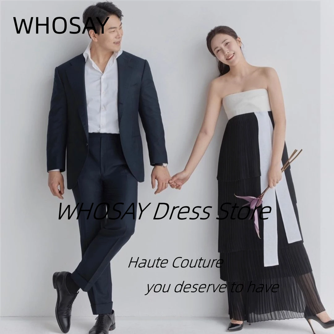 

WHOSAY White&Black Prom Dresses Strapless Empire Waist Bridesmaid Dress for Weddings Pleats Tiered Birthday Party Evening Gowns