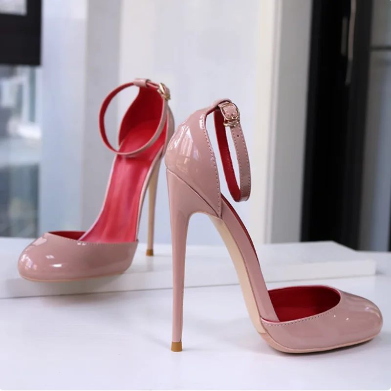 

Modern Round Toe Ankle Strap Women Pumps Nude Black White Patent Leather 12cm 10cm 8cm Stiletto High Heels Shoes Plus size