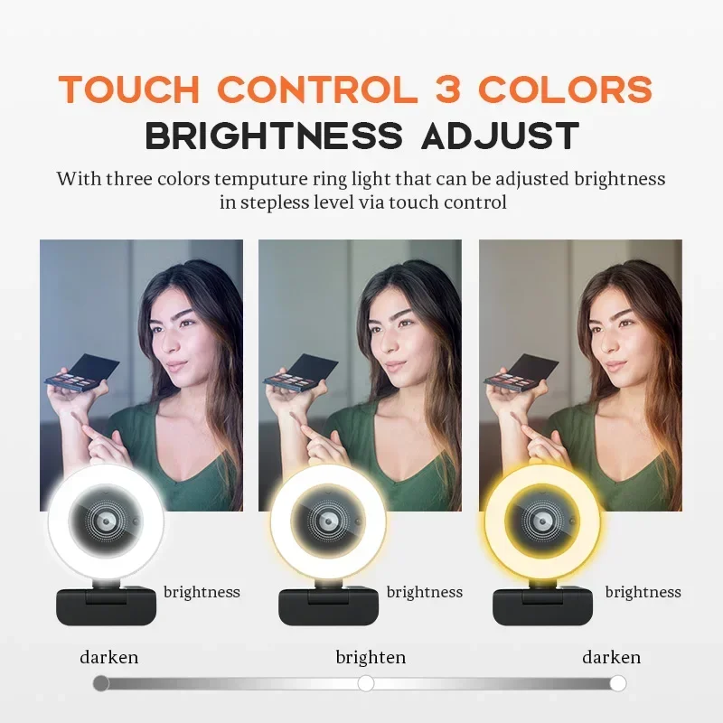 2K Webcam Auto Focus 89° Wide Angle RGB Fill Light Plug Play Dual Mics Lightweight 283g for Remote Work Live Broadcast PC