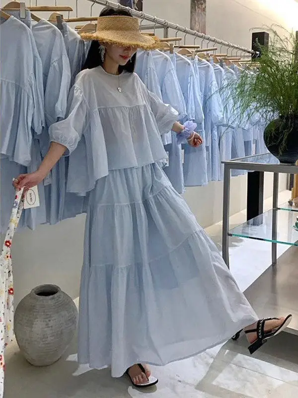 

plus Size Doll Shirt Set Women's Spring Summer Half Skirt Beach Vacation Style Two Piece Set Casual Loose Fit Sun Protection