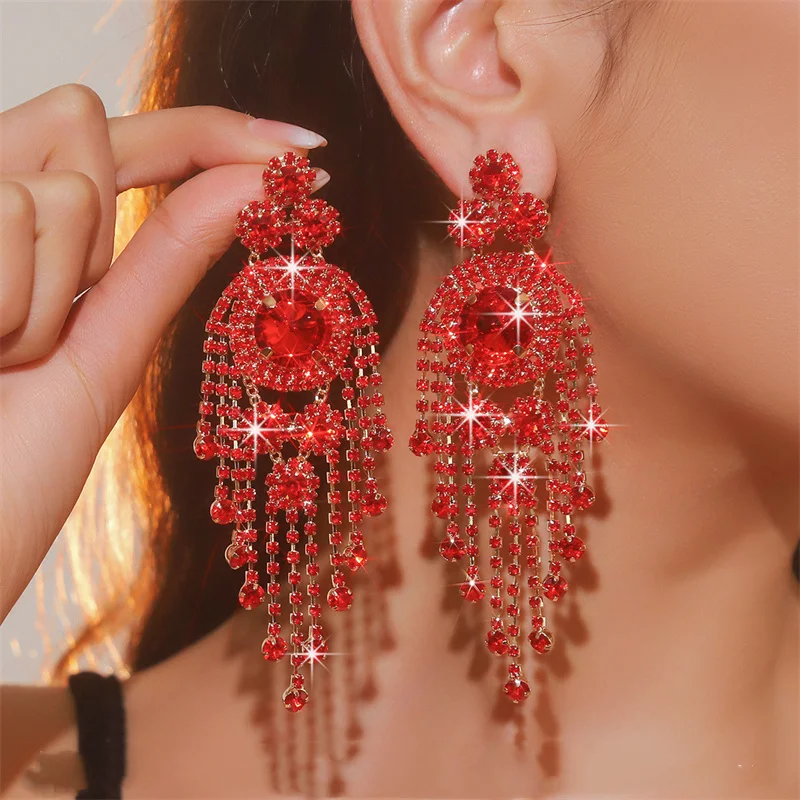 FYUAN Fashion Red Green Silver Color Crystal Earrings for Women Long Tassel Earring Party Weddings Jewelry
