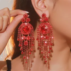 FYUAN Fashion Red Green Silver Color Crystal Earrings for Women Long Tassel Earring Party Weddings Jewelry