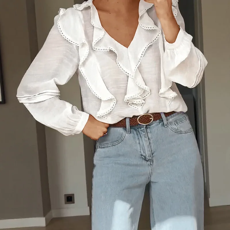 

Blouses Women Shirt V Neck Full Sleeve Tops Ruffles Solid Y2k Streetwear Top Elegant Splice Work Shirts Casual Spring 2026