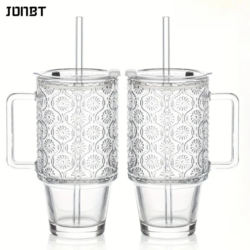 

24oz Glass Tumbler with Handle Straw and Lid Reusable Office Coffee Mug Begonia Floral Cold Iced Drinks Large Capacity Water Cup