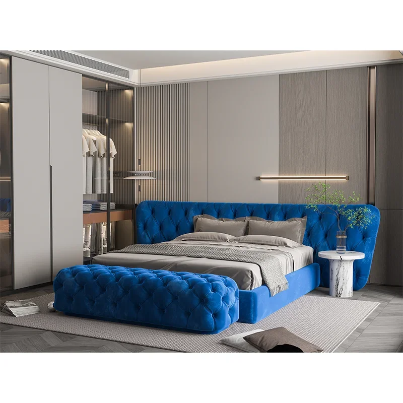 

-Luxury Modern Bedroom Furniture Fabric Tufted Buttons Wide Height Headboard Double King Bed