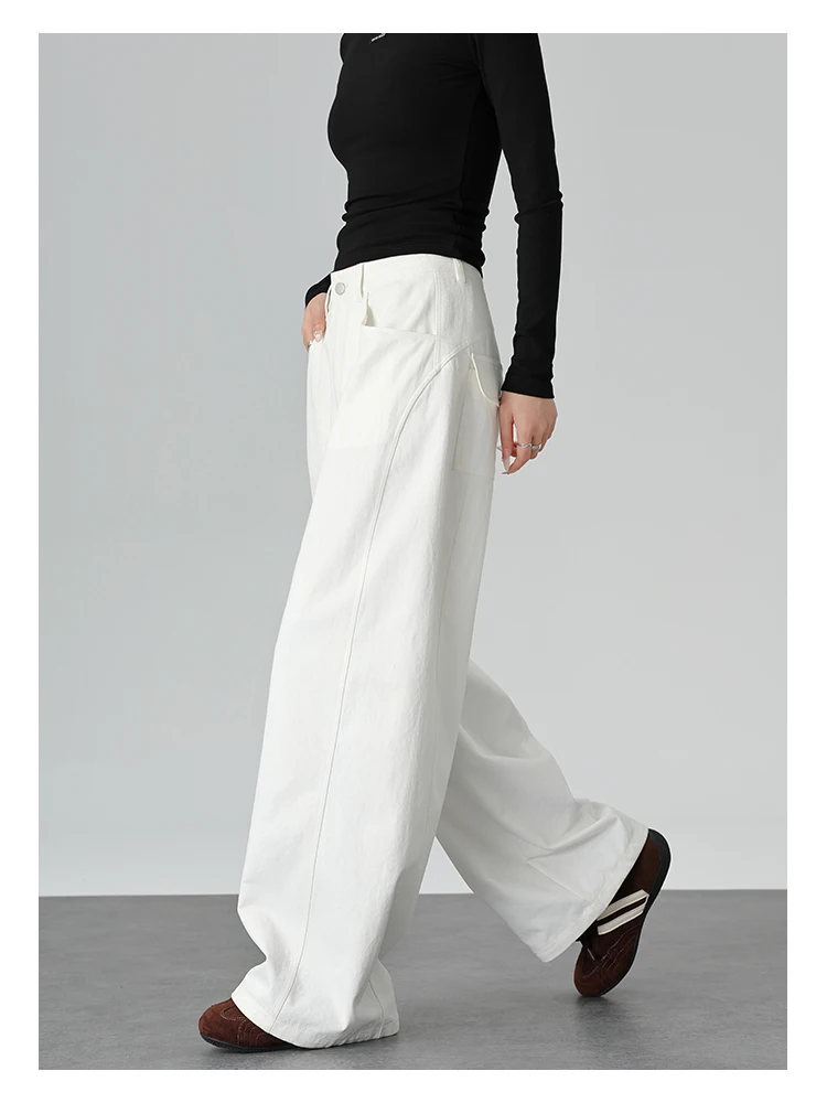 Hochgeschnittene Gerade Hose für Damen, Vintage-Stil mit Klappentasche, Gerade Weite Hose im Koreanischen Stil, Drapierendes Design, Schlankmachende Lange Hose – Detail 12