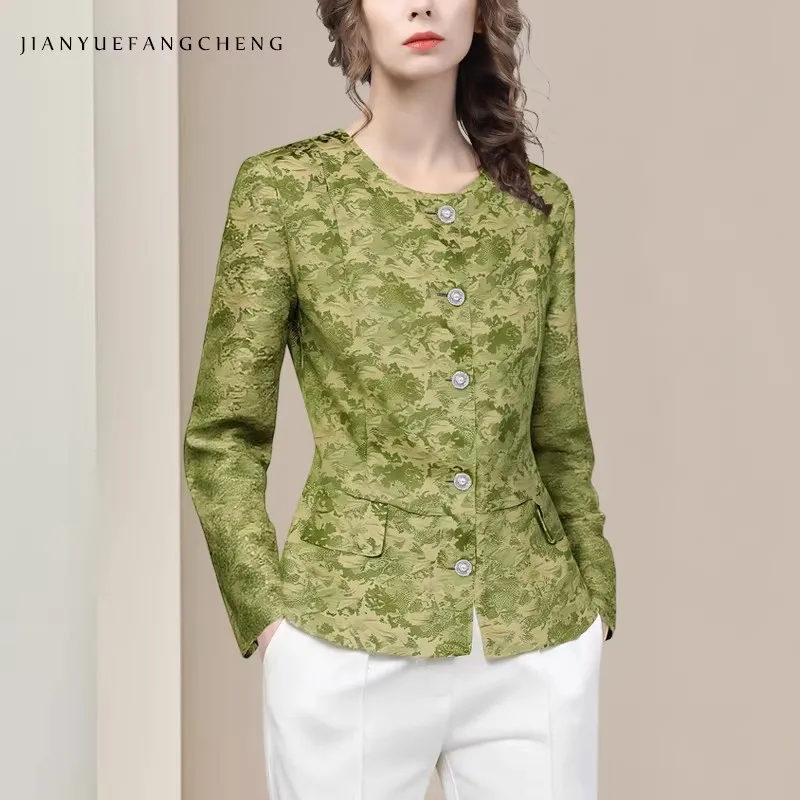 

Vintage Jacquard Women Long Sleeve Satin Blouse Slim Fit Crew-neck Button-down Shirts Fashion Casual Spring Summer Female Tops