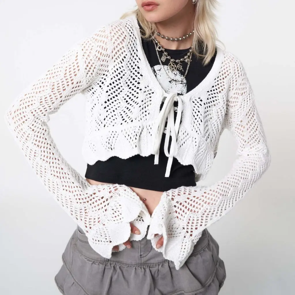 

Women's Casual Long Sleeve Cardigan V-neck Lace-up Hollow Trumpet Design European And American Style