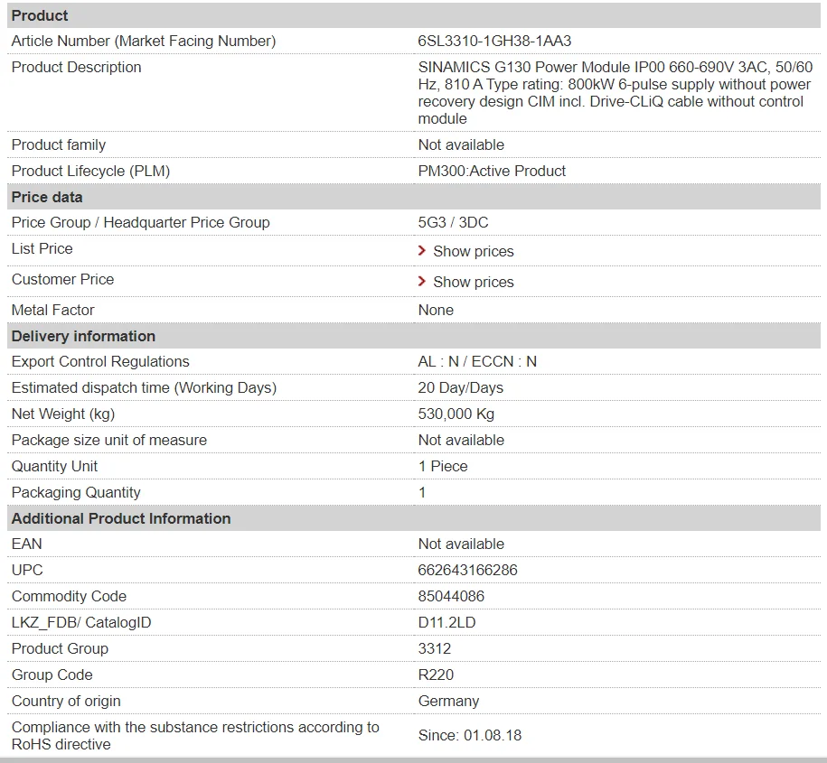 Special Offer AC Drive Inverter 1 Year Warranty S120 800KW Electric Motor Controls 6SL3310-1GH38-1AA3