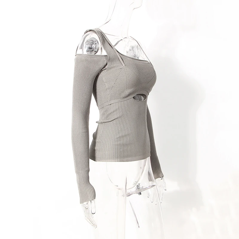 Sexy Off-shoulder Knitted Sweater Hollow Loose and Irregular Tailoring Oblique Collar Long-sleeved Women's Pullover 2021 New