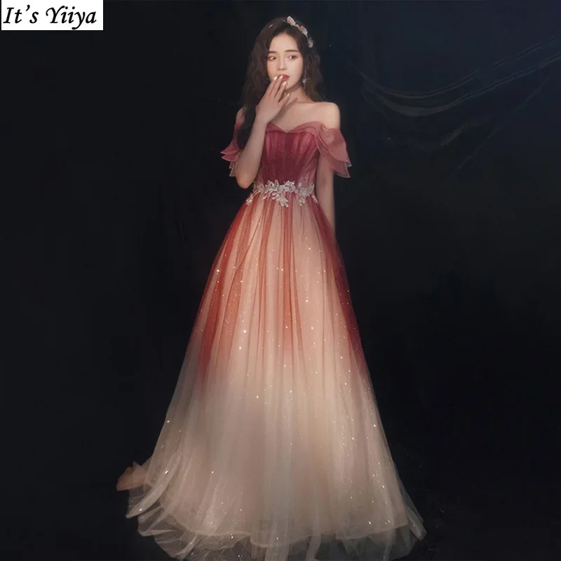 

It's Yiiya Evening Dress Shiny Burgundy Off the Shoulder Lace up A-line Floor Length Plus size Women Party Formal Gowns A3100