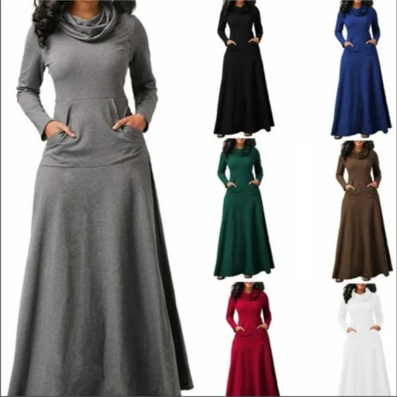 Autumn Winter Solid Color Splicing Pocket Neck Large Pendant Long Dress 2024 Casual Women\'s High Waist Long Sleeve Maxi Dresses